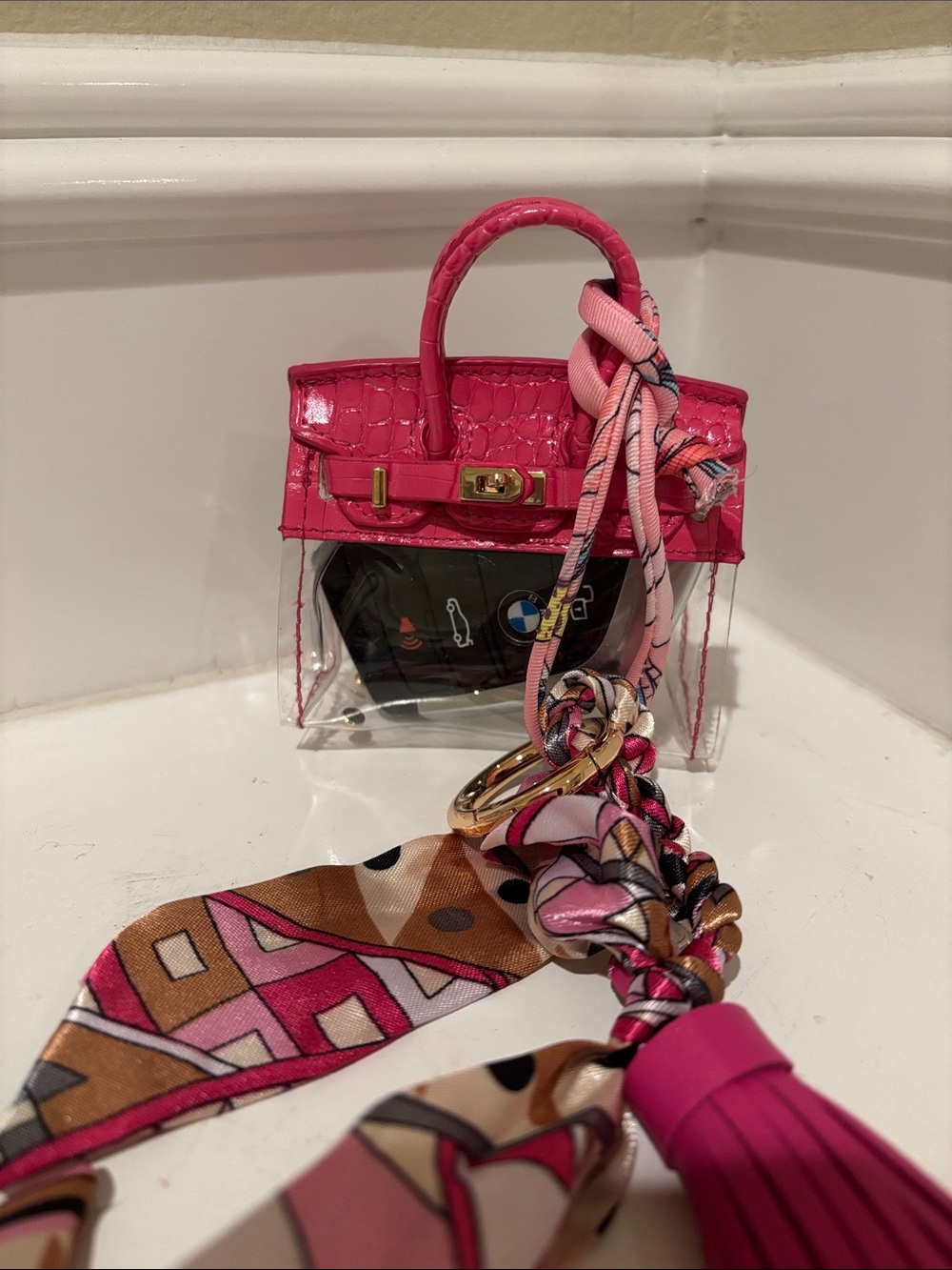 Hot Pink & Clear Mini Bag Charm, Key Remote Holder & Keychain w/ Scarf